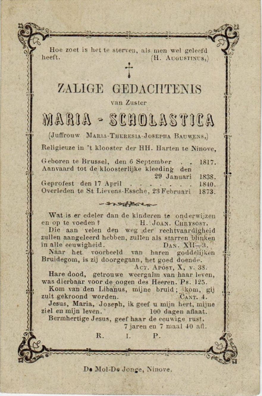 Bauwens Maria Theresia Josepha (zuster Maria Scholastica)