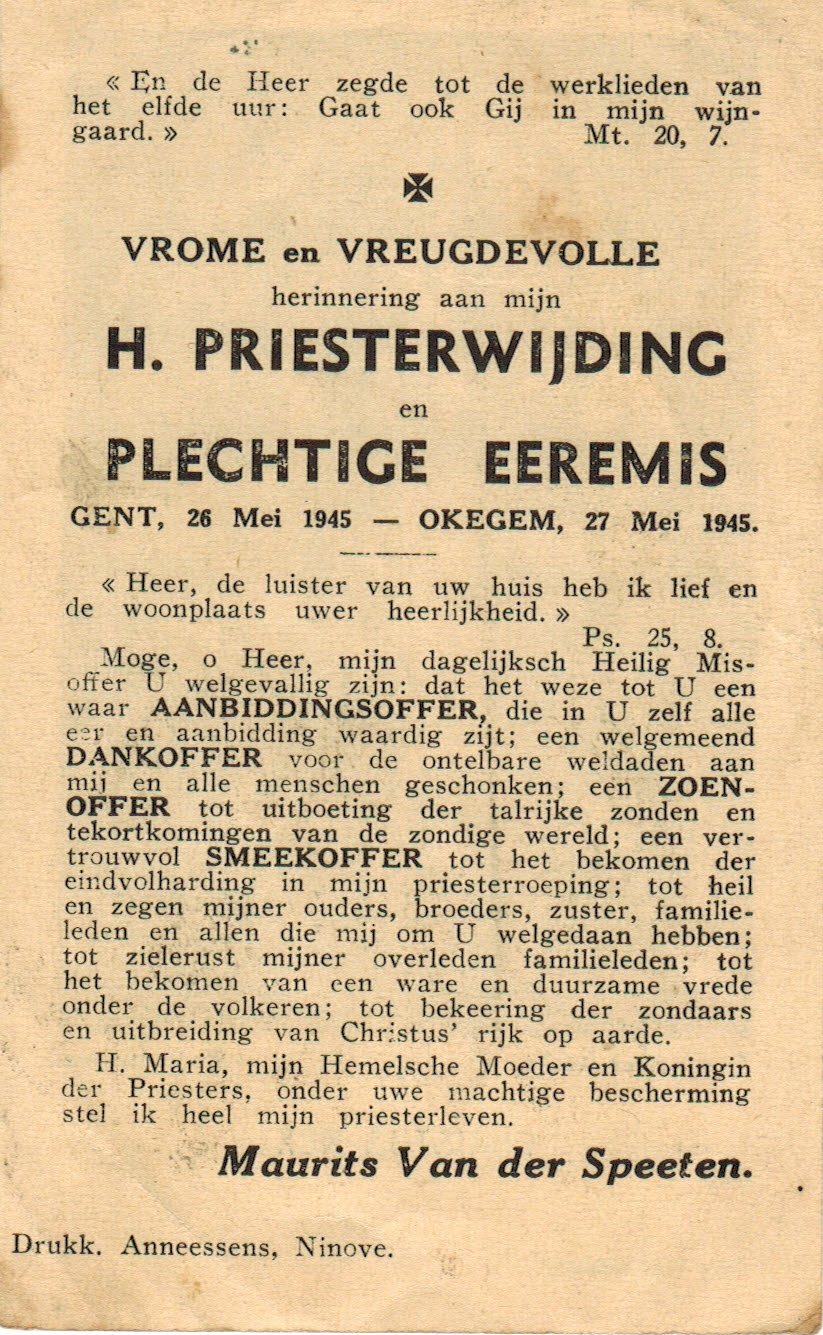 1945 - Van der Speeten Maurits - Priesterwijding