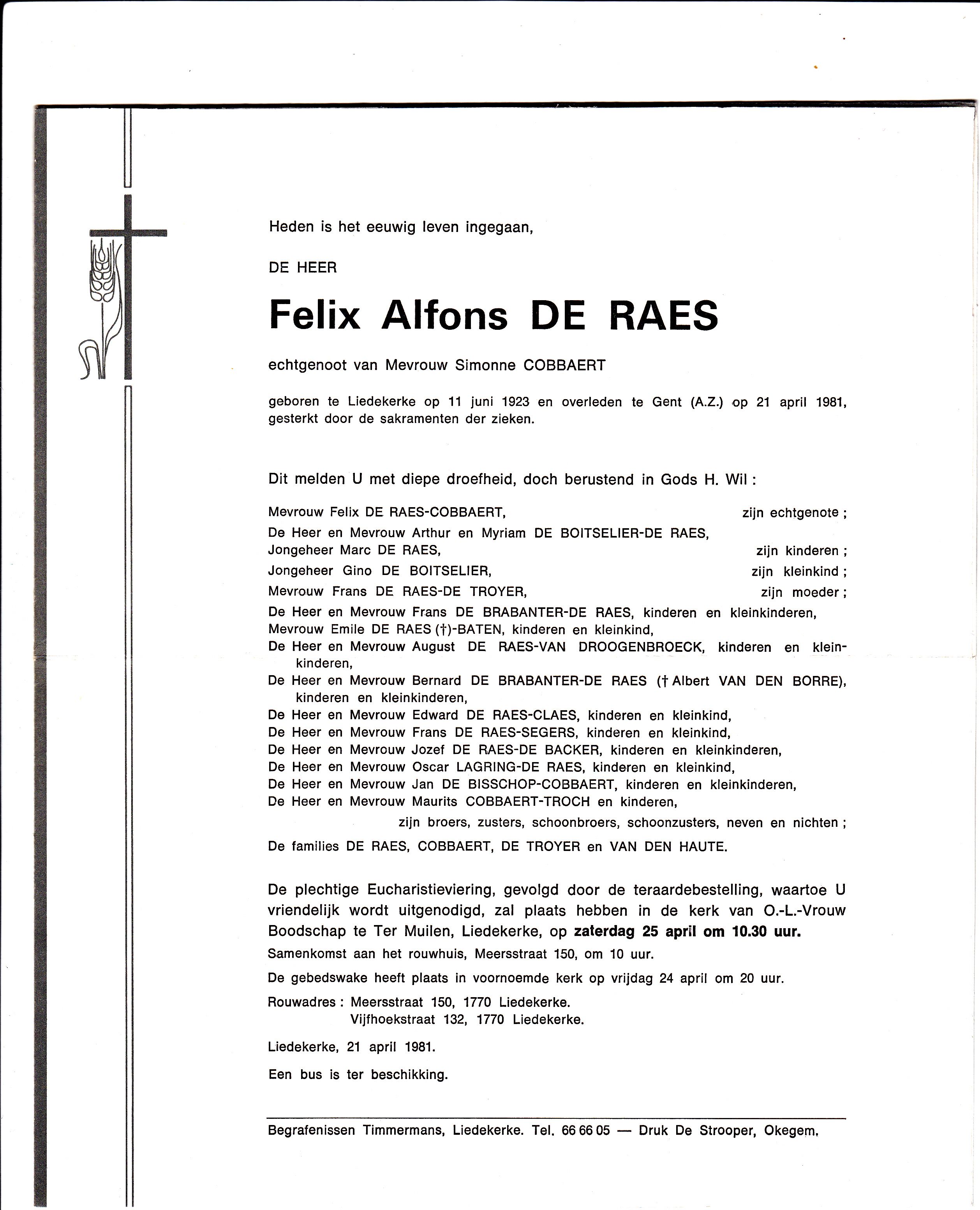 De Raes Felix Alfons 