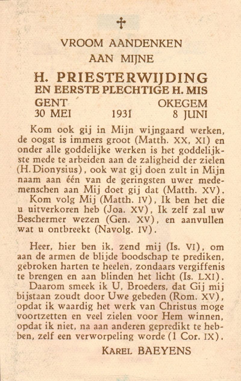 1931 - Baeyens Karel - Priesterwijding