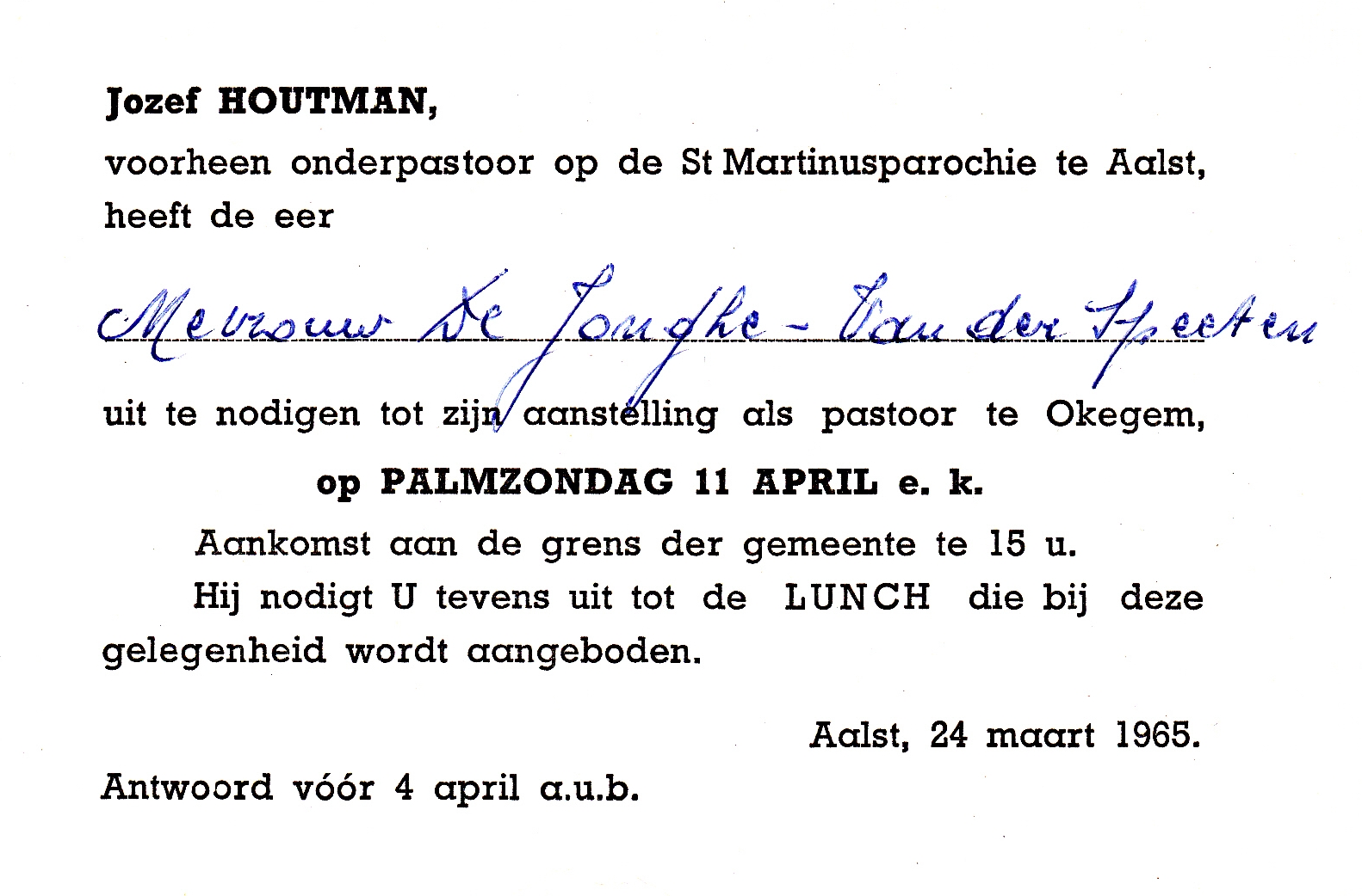 1965 - Pastoor Jozef Houtman - Aanstelling te Okegem