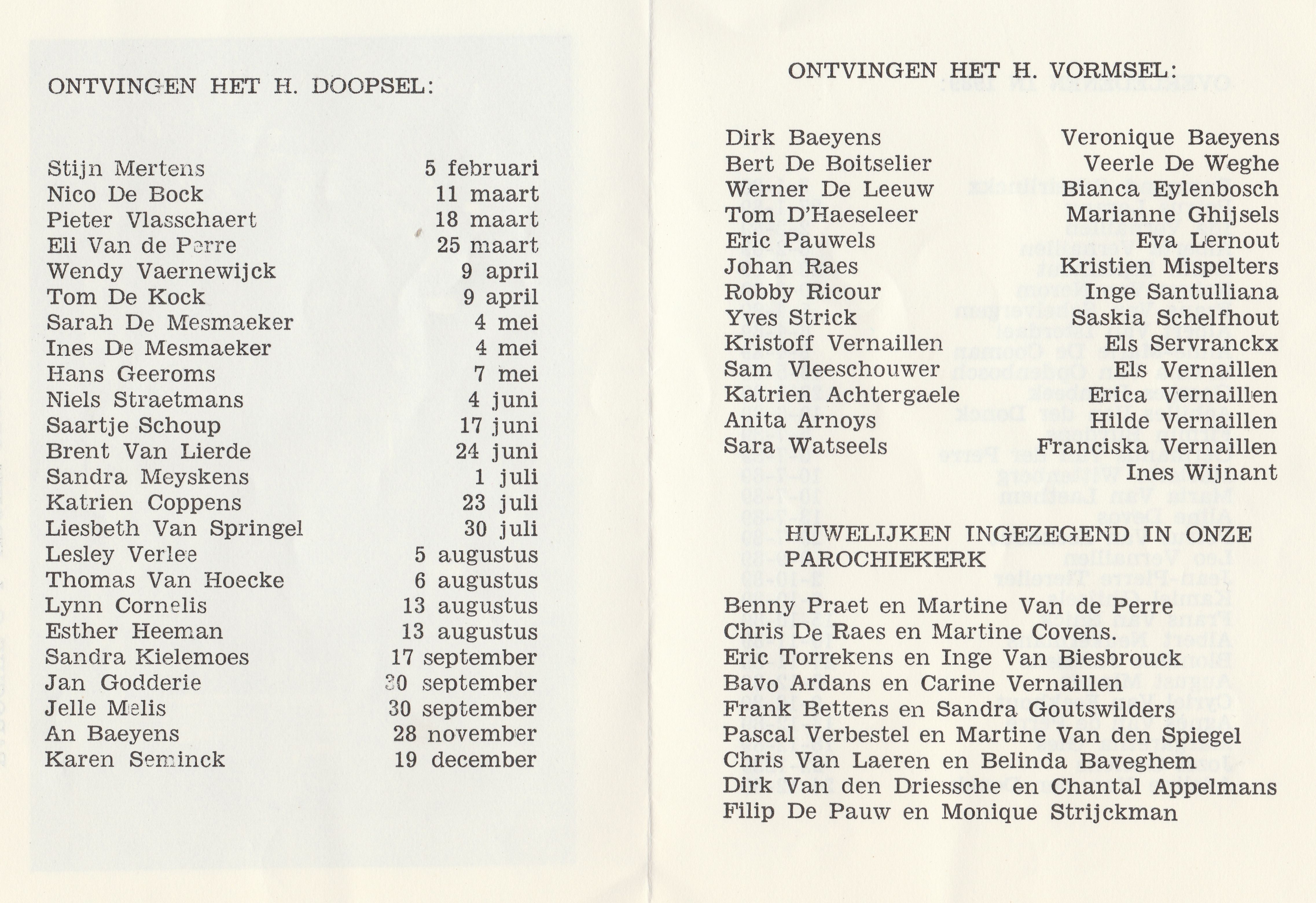 1989 - Doopsels, vormelingen en huwelijken