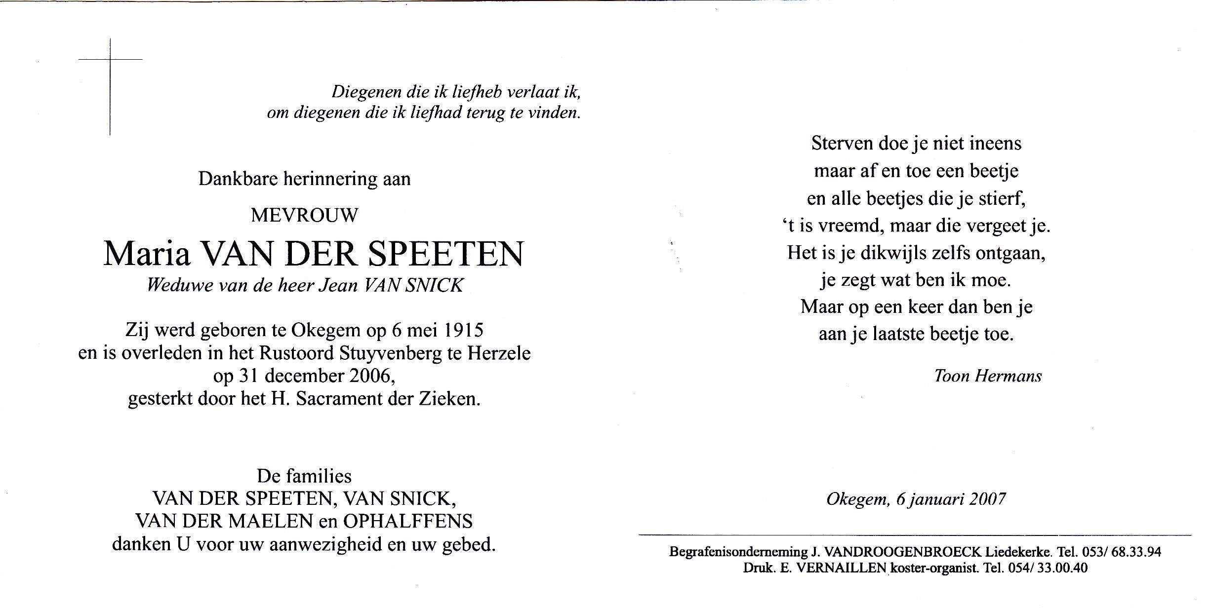 Van der Speeten Maria (x Van Snick)