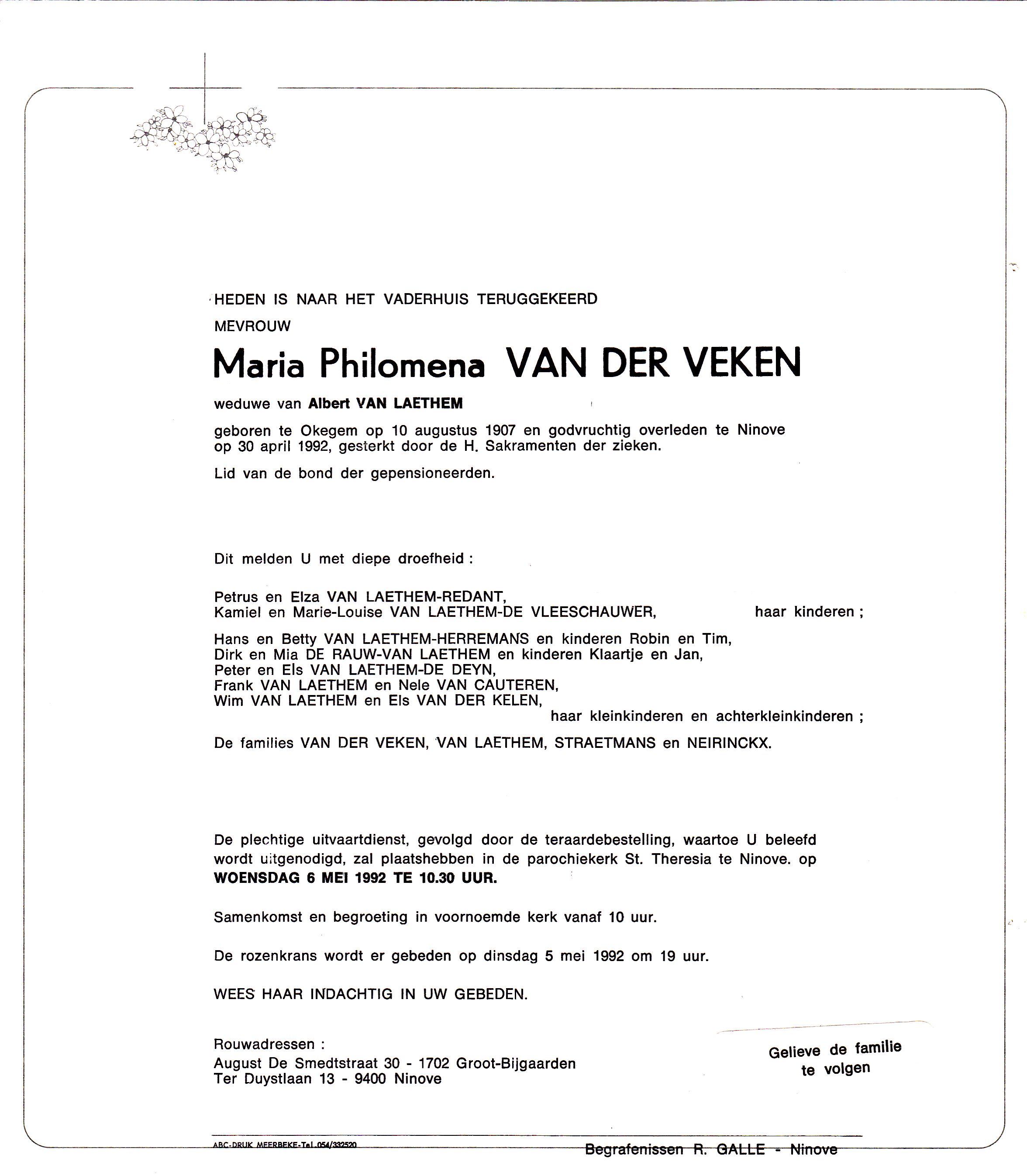 Van der Veken Maria Philomena  